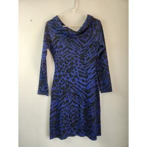 Blumarine Blue Black Dress Long Sleeve Size 38 Italian US Size 2 Cowl Neck NWT